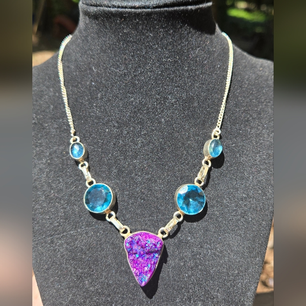 Amethyst Drutzy Topaz & Tanzanite Crystal Gemstone Sterling Necklace 18" - Picture 3 of 9